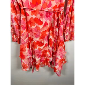 Maison Tara Floral Mini Dress Womens 12 Pink‎ Orange Ruffle Smocked Long Sleeve thumbnail 4