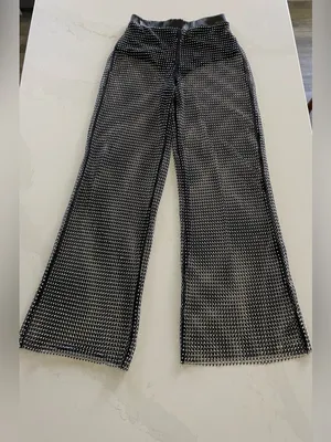 PRIVY Black Sheer Mesh Wide Leg Pants Rhinestone Crystal Fishnet thumbnail 2