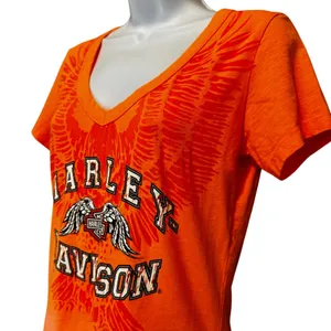 Harley Davidson Y2K Graphic V Neck T-Shirt‎ S Biker Moto Burnout Rhinestone thumbnail 10
