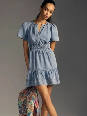 Anthropologie The Somerset Mini Dress Denim Edition Smock Waist Tiered Hem XXS thumbnail 2
