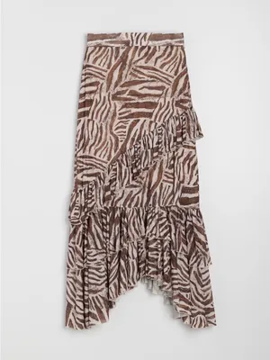 Sinsay Beige Zebra-Print Tiered Ruffle Asymmetrical Midi Lined Skirt Size XL thumbnail 5