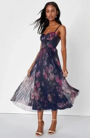 Lulus Alluring Invite Midnight Blue Floral Pleated Bustier Sleeveless Midi Dress thumbnail 1