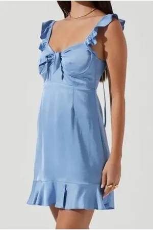 NWT ASTR The Label SKY BLUE Satin MARLA Flutter Sleeve BUST TIE Mini DRESS L thumbnail 1