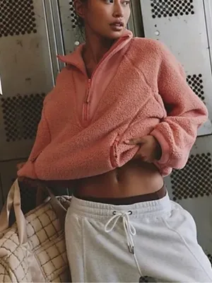 NWT Free People Ready Set Rib Fleece Pullover in Frosted Peach thumbnail 3