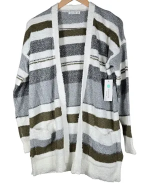 Pink Clover Stitch Fix Striped Eyelash Knit Open Front Cardigan Gray‎ Olive S thumbnail 1