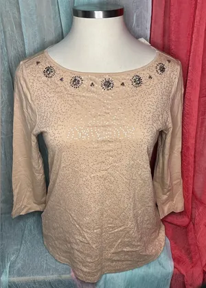 LOFT Beige Embellished 3/4 Sleeve Top thumbnail 1