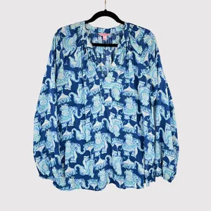 Lilly Pulitzer Womens Top Blue Martinique Elephant V Neck Blouse Casual Medium thumbnail 2