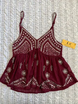 Lizette Collection XS Burgundy Beaded Sequin Babydoll Cami Boho Festival Y2K Top thumbnail 2