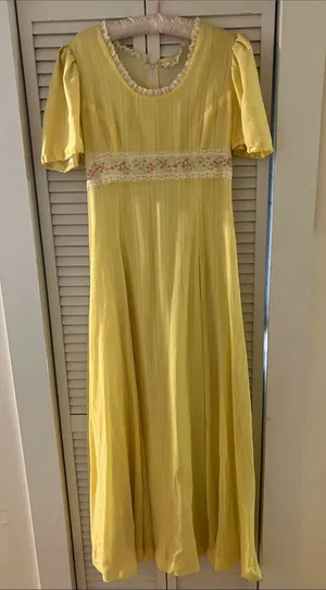 Vintage Homemade Yellow Puff Sleeve Embroidery Formal Dress Medium thumbnail 1