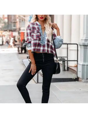 Prómesa plaid denim patchwork quarter zip collared pullover top S thumbnail 3