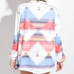 Boho Shacket Tribal Aztec Print Cream Button Collar Pockets Long Sleeve Medium thumbnail 3