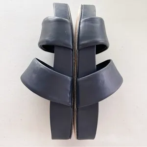 Beautiisoles Navy Blue Double-Strap Leather Minimalist Summer Slide Sandals thumbnail 5