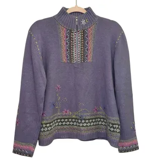 Embroidered‎ Sweater Medium Purple Boho Cottagecore Zip Neck thumbnail 1