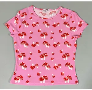 Pink Red Mushroom Fairycore Print Short Sleeve Tee T-Shirt Top Blouse Size S 🍄✨ thumbnail 2