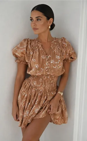 SABO Dress NWOT Brown Paisley Puff Sleeve Mini Boho Resort Chic Size S Cotton thumbnail 1