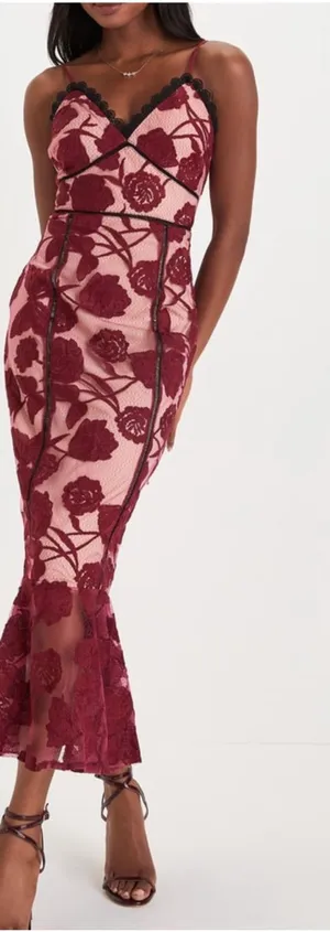 Lulus Alluring Dream Burgundy Floral Mesh Lace Trumpet Midi Dress thumbnail 1