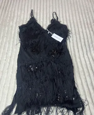 NWT HalfHeart Black Feather Fringe Lace Maxi Dress Goth Size Small thumbnail 1