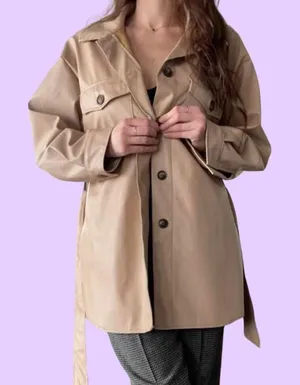 Goldie London tan vegan faux leather coat with waist tie 🔥 thumbnail 1