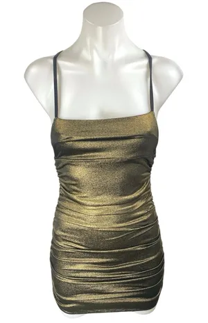 Lucy in the Sky Gold Metallic Shimmer Ruched Cami Camisole Mini Bodycon Dress XS thumbnail 1