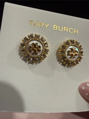 Tory Burch | Gold Mother of Pearl & Crystal Logo Stud Earrings | $150 Retail thumbnail 4