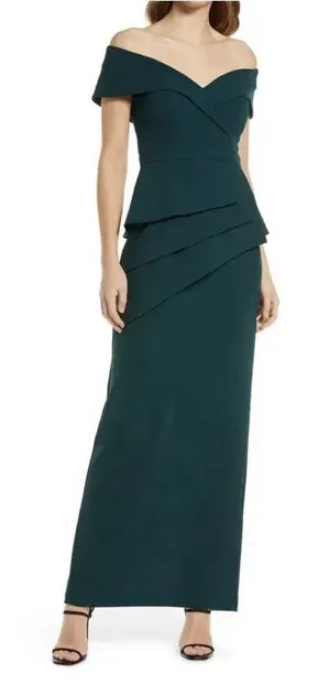 Xscape Off The Shoulder Evening Gown Pine Green Size 12 thumbnail 1