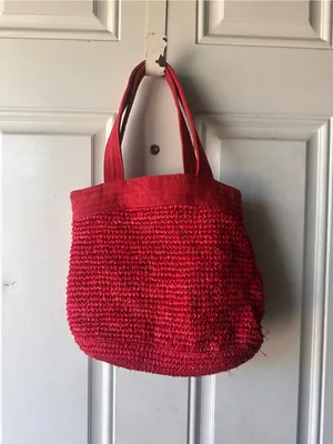 American Eagle Red Raffia Straw Tote Bag Woven Beach Summer Boho Handbag thumbnail 4