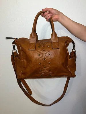 Steve Madden Brown Faux Leather Satchel Crossbody Bag Studded Boho Tote thumbnail 1