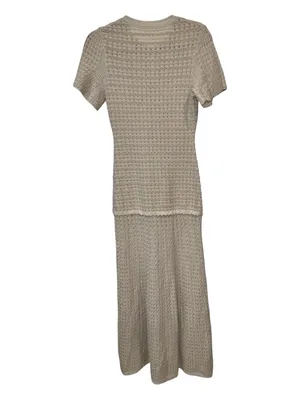 COMMENSE Short Sleeve Crochet Knit Mermaid Maxi Dress Khaki Gold Size S NWT thumbnail 5
