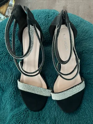 TOP Moda Black Heeled Sandals with Silver Rhinestone Straps thumbnail 1