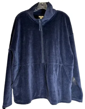 LL Bean Blue Loose Turtle Neck 3/4‎ Zip Up Kangaroo Pocket Ribbed Sweater XL thumbnail 1