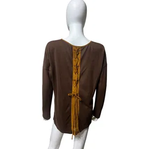 YA Los Angeles Brown Knit Top Faux Suede Lace Up Back Boho Long Sleeve Size L thumbnail 2