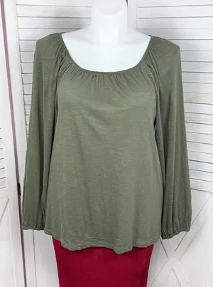 Loft Slub Jersey Knit Scoop Neck‎ Peasant Tee Shirt Olive Green Large thumbnail 1
