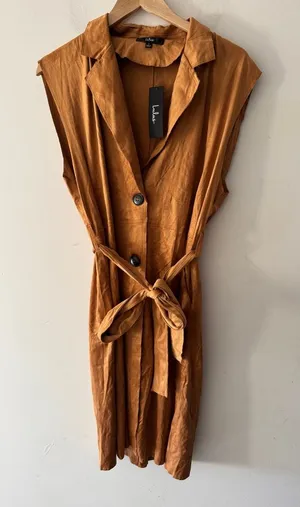 Lulus Brown Brisk Bliss Camel Suede Sleeveless Button‎ Long Trench Coat thumbnail 1