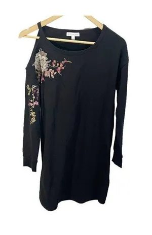 Socialite Womens Sweater Dress Black Floral Embroidered Long Sleeve‎ Stretch S thumbnail 1