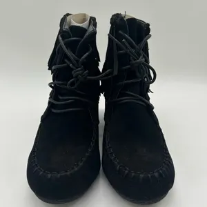 Top Moda Boots Womens 6.5‎ Black Moc Toe Lace Up Wedge Moccasin Bootie NEW thumbnail 4