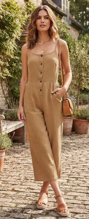 Hem & Thread Tan Textured Button-Front Jumpsuit thumbnail 1