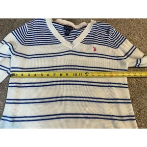 US‎ POLO ASSN WOMEN'S SWEATER NAUTICAL STRIPED V-NECK WHITE BLUE sz LARGE thumbnail 4