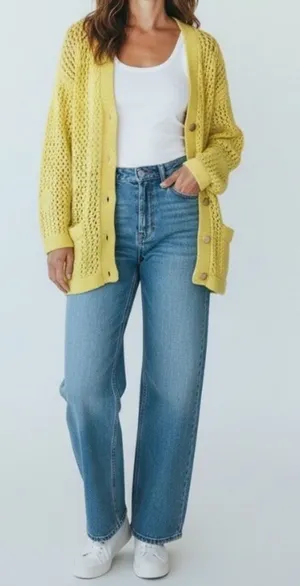 Vintage Authentic 60s 70s yellow cardigan Crochet Sweater Grandmacore Twee thumbnail 1