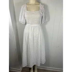 Kensie White Eyelet Midi Dress Smocked Feminine Romantic Puffy Sleeve Size 14 thumbnail 2
