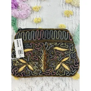 Sudha Beaded Coin Purse Black Gold Floral Embroidered Tassel Wristlet Pouch NWT‎ thumbnail 7