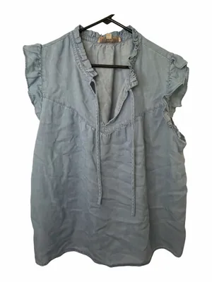 Loft Light Blue Ruffled Chambray Tie-Neck Women's Top thumbnail 1