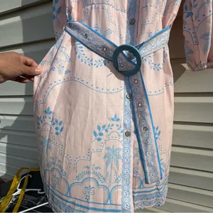 YOZY Pink Blue Palm Print Shirt Dress Belted Linen Blend Size L (8-10) thumbnail 3