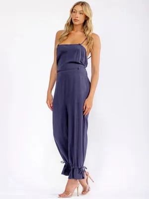 Women's Navy Blue Strappy Jumpsuit NWT Cotton Linen Open Back Jumpsuit M thumbnail 5