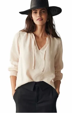 Cloth & stone anthropology tie neck peasant blouse 100% linen cream size small thumbnail 1