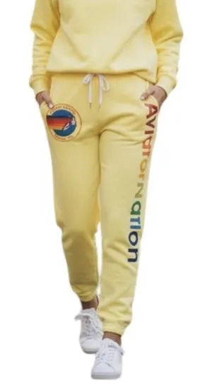 Aviator Nation Sweatpants Womens Small Yellow Rainbow Logo Fleece Jogger USA thumbnail 1
