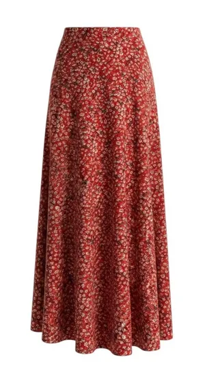 SheIn Red‎ Ditsy Floral Maxi Skirt XS Side Slit High Rise Cottagecore Boho Chic Garden thumbnail 1