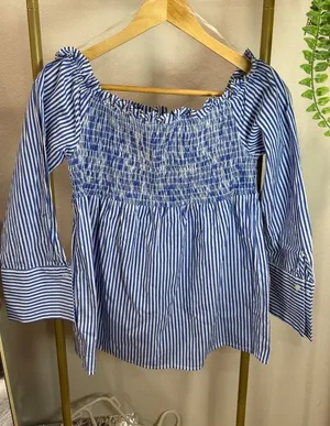 Size M Blue & White Striped Smocked Off-the-Shoulder Top thumbnail 1
