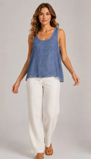 Pronto Moda Italy Blue Mineral Wash Linen Blend Tank Top XL Scoop Neck Womens thumbnail 1