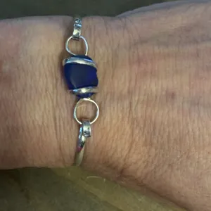 Blue Sea Glass Hinged Bangle Bracelet Silver thumbnail 7