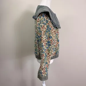 Floral Tapestry Denim Jacket Oversized Ruffle Peter Pan Collar Woven Medium thumbnail 3